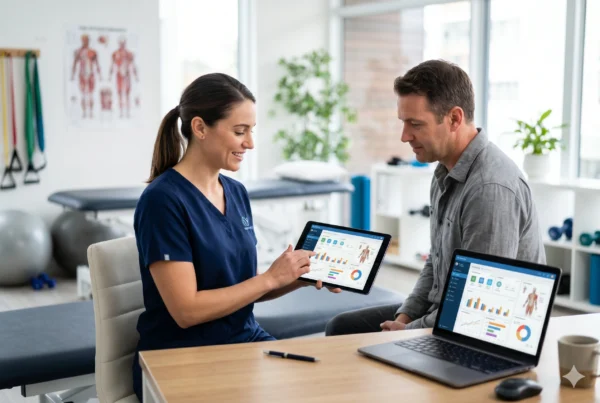 Fisioterapeuta mostrando software de gestión para fisioterapeutas en tablet a paciente en clínica