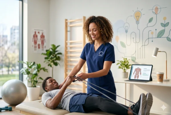 Fisioterapeuta realizando tratamiento manual a paciente en clínica moderna con tecnología digital integrada
