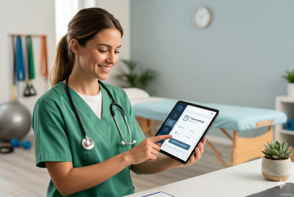 Fisioterapeuta gestionando el registro digital de jornada laboral desde tablet en clínica de fisioterapia