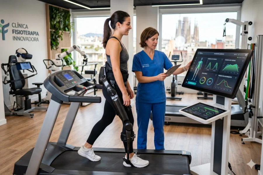 Fisioterapeuta monitorizando ejercicio en cinta con tecnología digital en clínica de fisioterapia innovadora