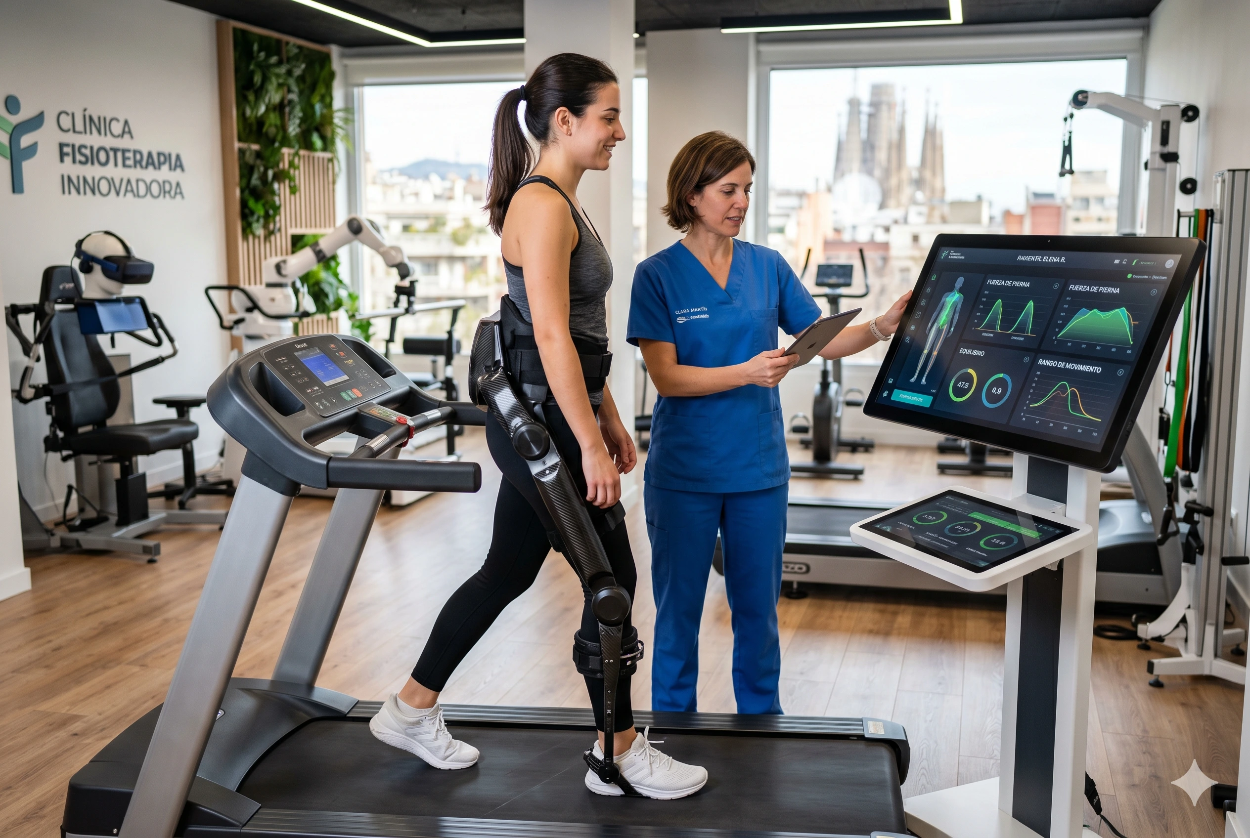 Fisioterapeuta monitorizando ejercicio en cinta con tecnología digital en clínica de fisioterapia innovadora