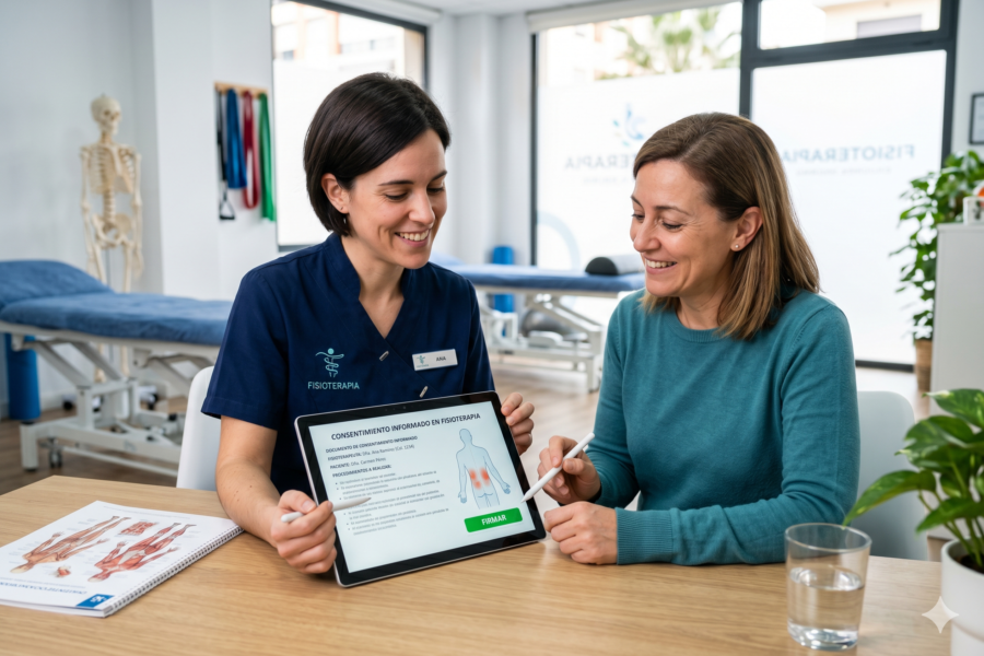 Fisioterapeuta mostrando consentimiento informado digital a paciente en tablet en clínica de fisioterapia