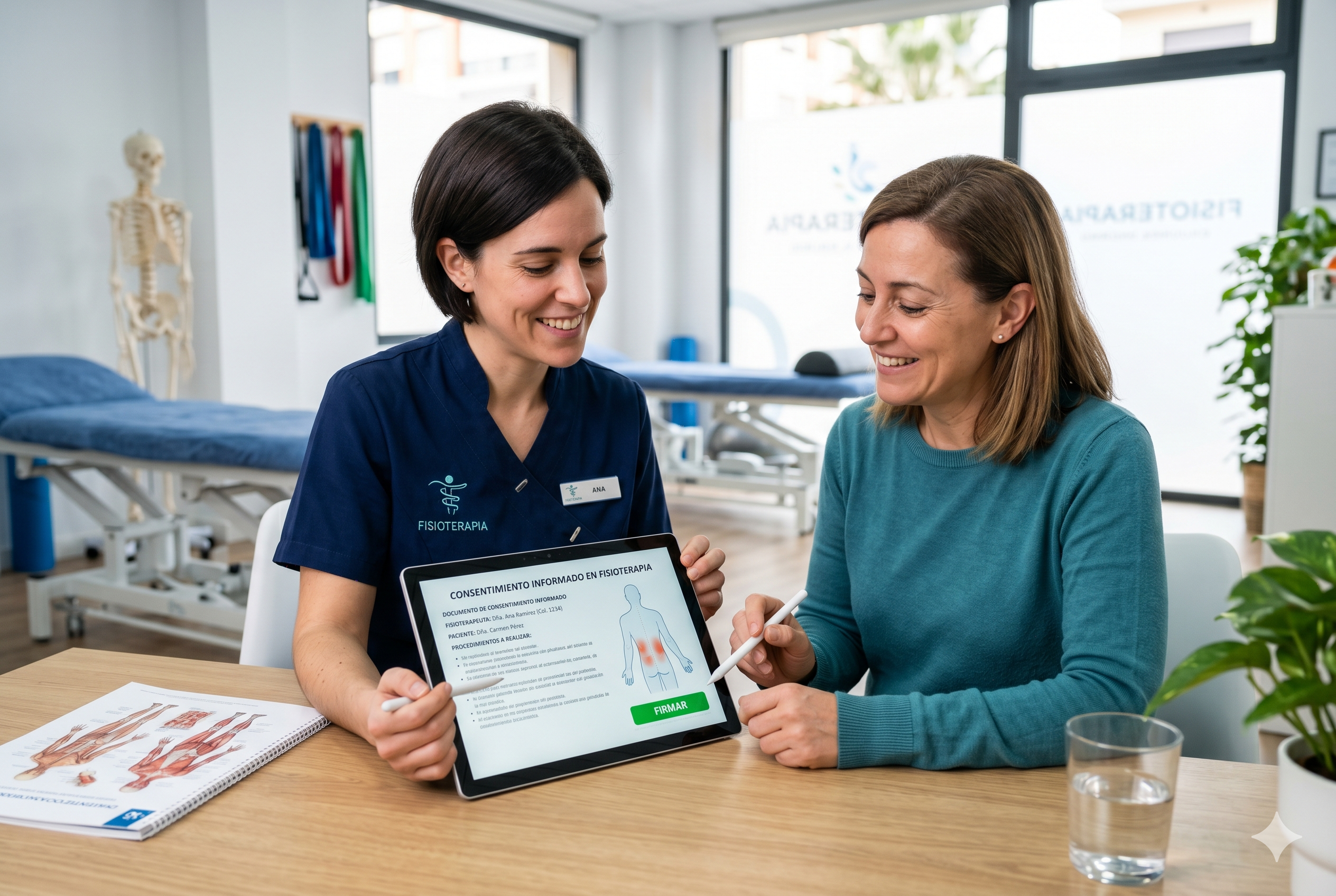 Fisioterapeuta mostrando consentimiento informado digital a paciente en tablet en clínica de fisioterapia