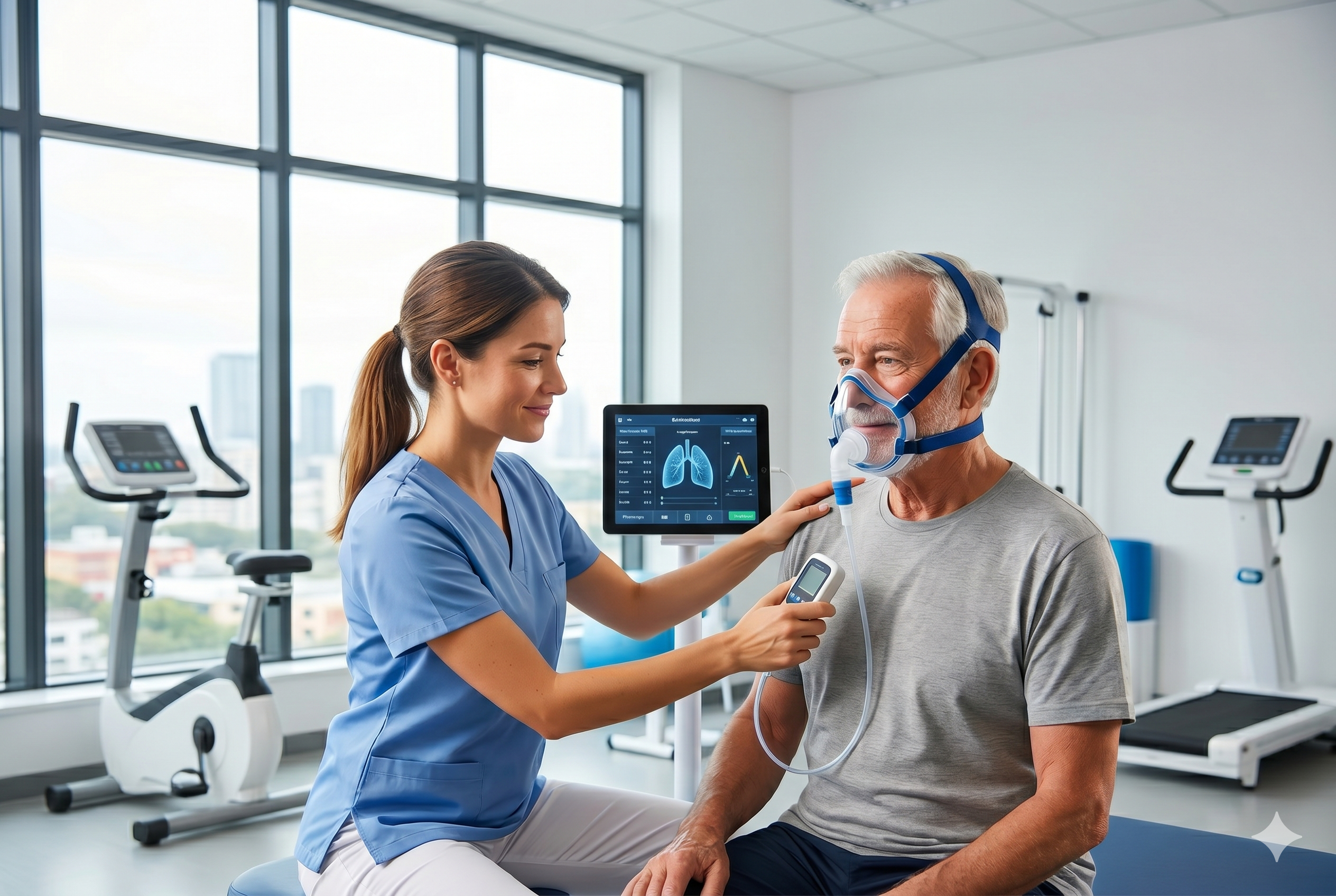 Fisioterapeuta aplicando tecnología de asistencia respiratoria a paciente en clínica de fisioterapia respiratoria