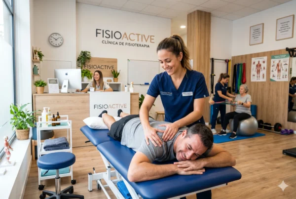 Fisioterapeuta tratando a paciente en camilla en clínica de fisioterapia moderna y bien equipada