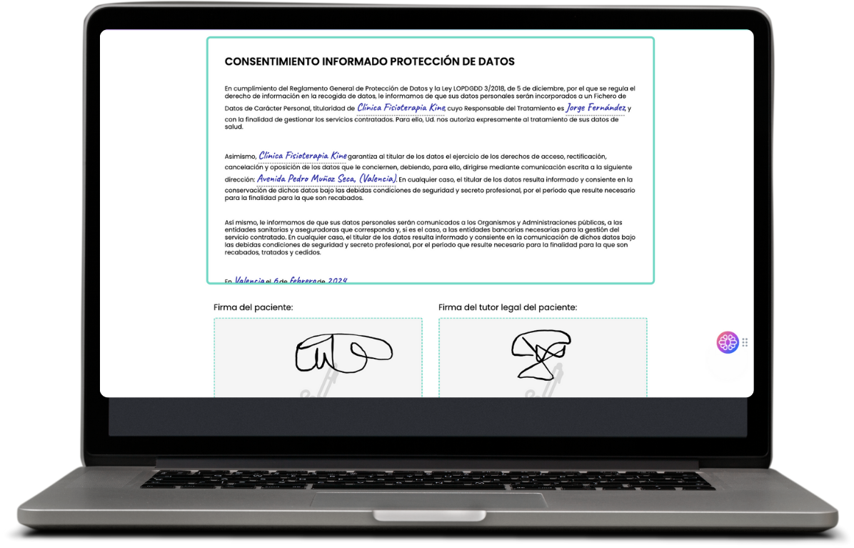 Documento de consentimiento informado de fisioterapia con firma digital en pantalla de ordenador