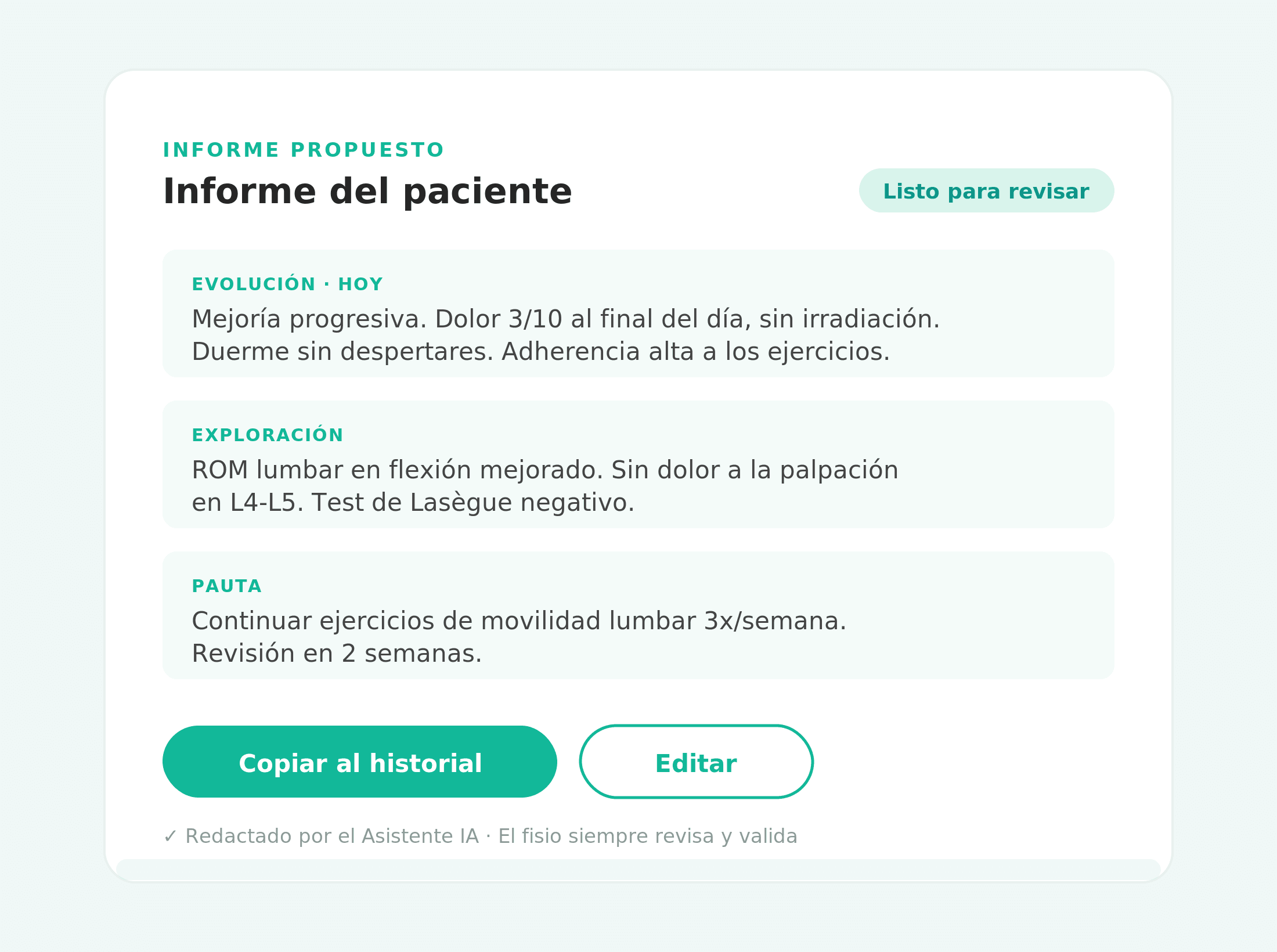Informe clínico de fisioterapia generado automáticamente por el Asistente IA de TUFISIO, listo para revisar