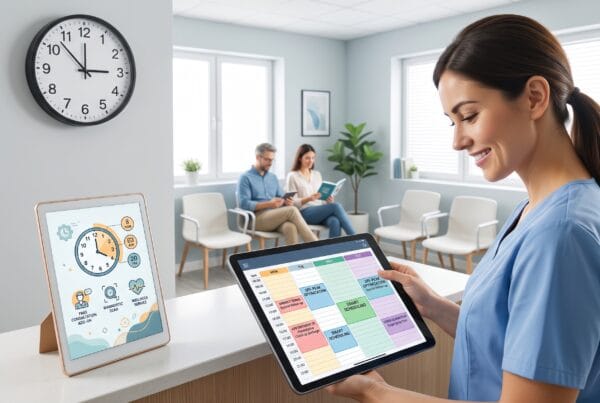 Recepcionista de una clínica sonriendo mientras revisa una agenda optimizada en una tablet, con pacientes en la sala de espera al fondo.