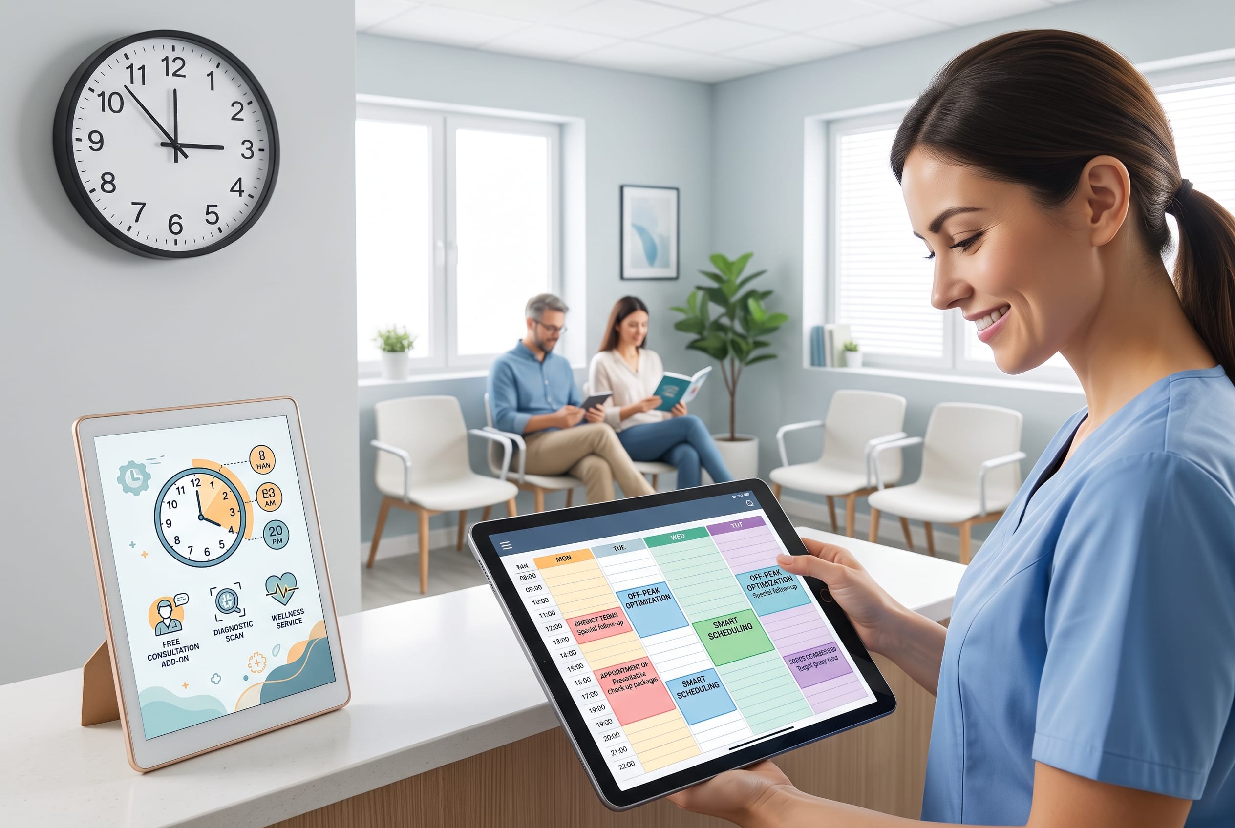 Recepcionista de una clínica sonriendo mientras revisa una agenda optimizada en una tablet, con pacientes en la sala de espera al fondo.