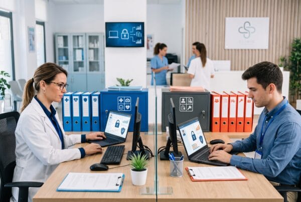 Doctora y administrativo trabajando en una clínica en escritorios divididos por una mampara de cristal, con portátiles seguros y carpetas de distintos colores que ilustran la separación de información.