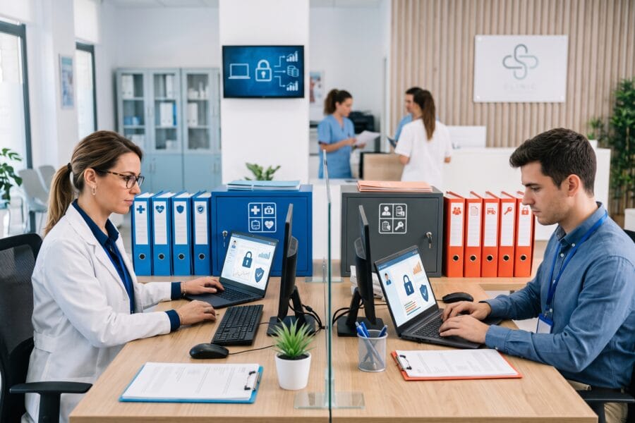Doctora y administrativo trabajando en una clínica en escritorios divididos por una mampara de cristal, con portátiles seguros y carpetas de distintos colores que ilustran la separación de información.