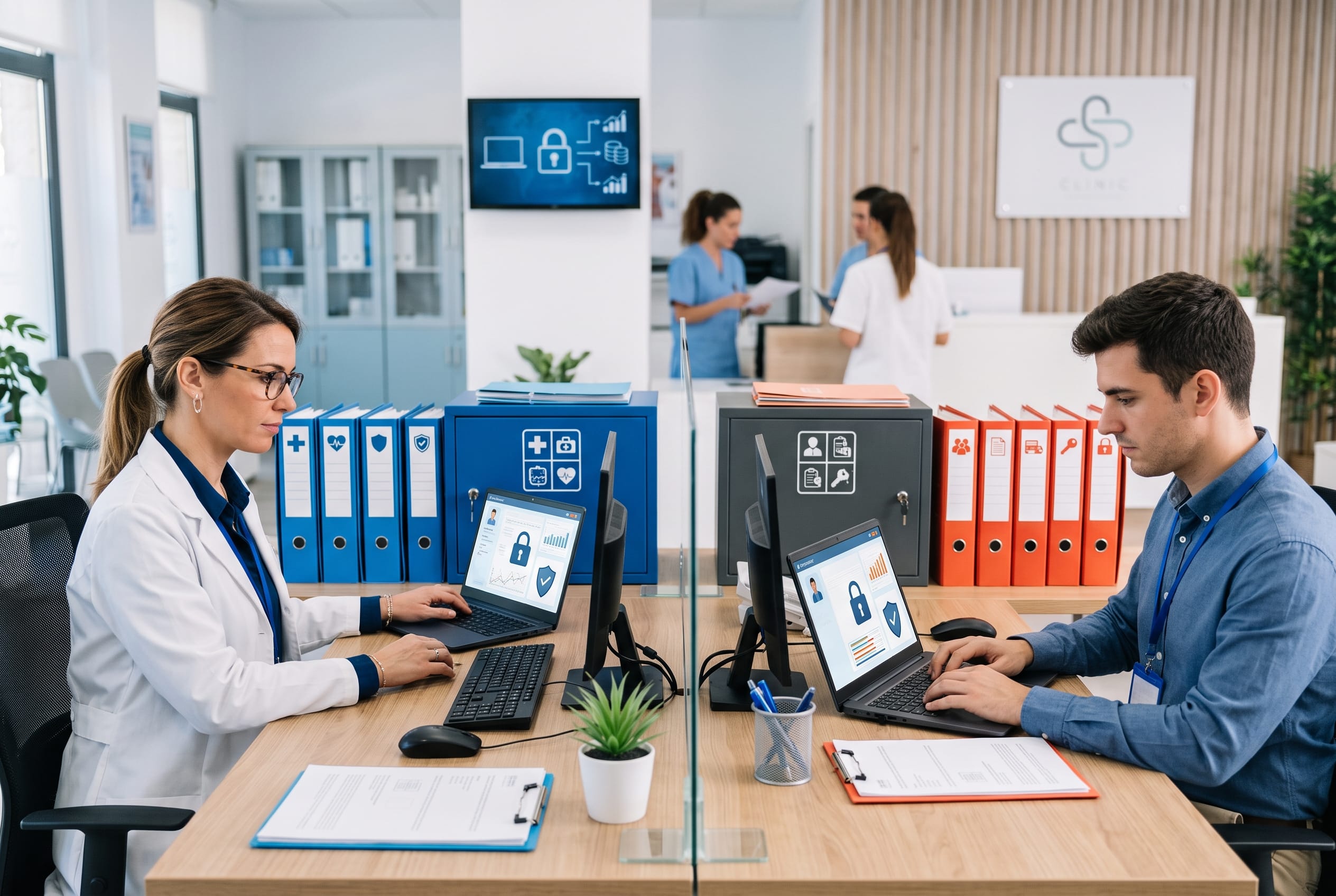 Doctora y administrativo trabajando en una clínica en escritorios divididos por una mampara de cristal, con portátiles seguros y carpetas de distintos colores que ilustran la separación de información.