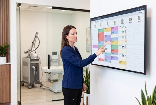 Mujer en uniforme médico revisando un calendario de citas en una pantalla digital táctil. Al fondo, a través de una puerta de cristal, se observa una sala de tratamiento con aparatología médica avanzada.