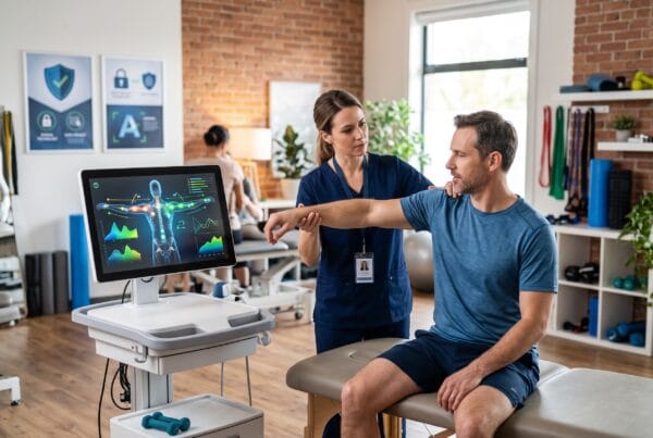 Fisioterapeuta examinando el brazo de un paciente masculino en una clínica moderna, apoyándose en un monitor que muestra un escáner biomecánico digital del cuerpo humano.