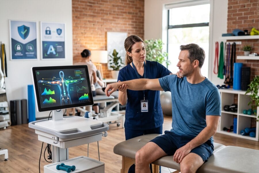 Fisioterapeuta examinando el brazo de un paciente masculino en una clínica moderna, apoyándose en un monitor que muestra un escáner biomecánico digital del cuerpo humano.