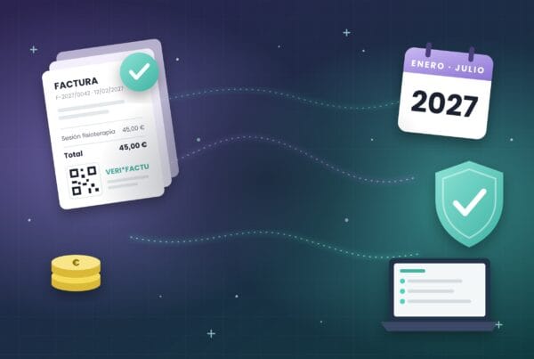 lustración de una factura con código QR y sello VERI*FACTU, un calendario de 2027 y un escudo de verificación, sobre fondo morado y teal