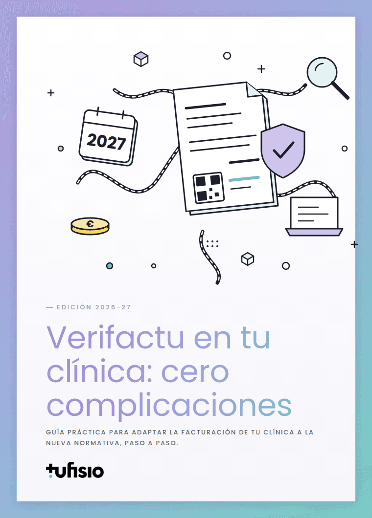 Portada de la guía «Verifactu en tu clínica: cero complicaciones» de Tufisio, con una factura con código QR, un calendario de 2027 y un escudo de verificación